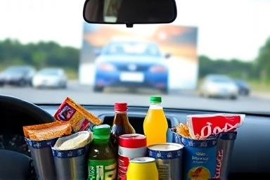 Cozy car interior with snacks for a drive-in movie.