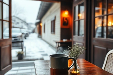 Cozy Hanok cafe interior on Hwangridan-gil, winter atmosphere.