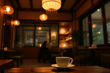 Cozy Hanok cafe interior with a romantic atmosphere for couples.