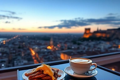 Rooftop cafe view of historic city at dusk, romantic date setting.