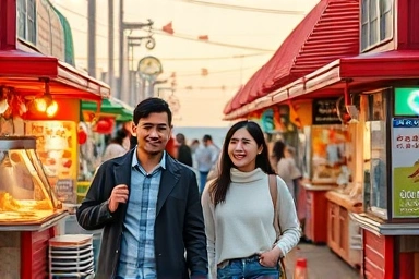 Couple enjoying vibrant Haeundae street food date