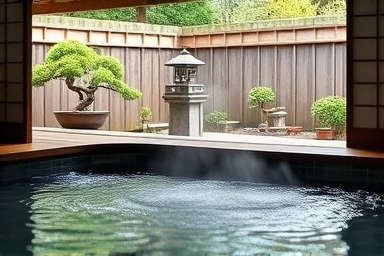 Private open-air bath overlooking a tranquil Japanese garden.