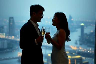 Couple celebrating with champagne, Han River view