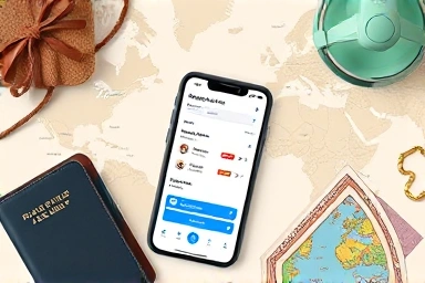 Travel planning flat lay with booking app discount