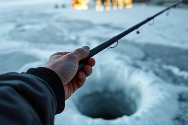 Ice fishing hands rod frozen lake