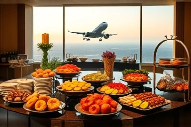 Luxurious hotel breakfast buffet with diverse food options and airport view.