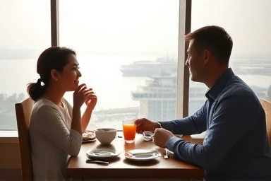 Couple enjoying ocean view breakfast at airport hotel.