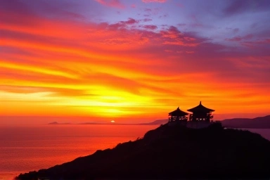 Vibrant sunset over Incheon west coast with historical watchtowers.