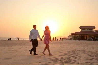 Couple enjoying a romantic sunset walk on Incheon beach.