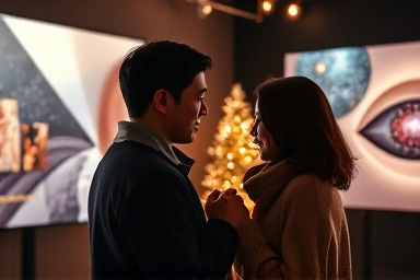 Couple enjoying romantic indoor date with media art in Incheon
