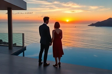 Couple enjoying ocean view villa with private pool in Jeju.