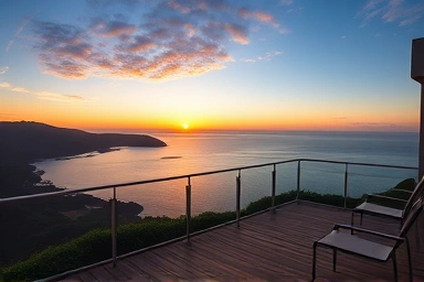 Jeju coastline sunset with ocean-view pension balcony