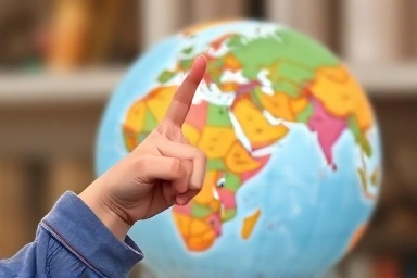Child's hand pointing to globe, dreaming of travel.