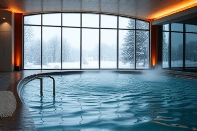 Luxurious indoor swimming pool with winter view