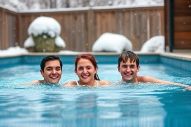 Family enjoying heated outdoor pool in winter