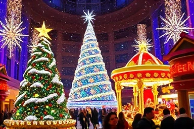 Magical Lotte World Christmas scene with decorations and parade.