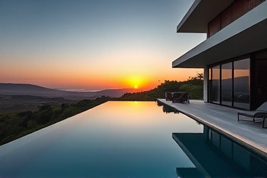 Luxurious private pool villa with infinity pool and natural landscape