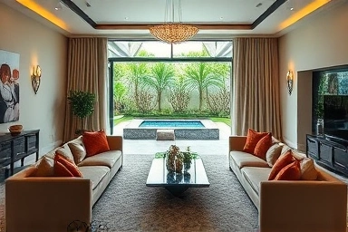Elegant interior of a luxury villa living room with private jacuzzi view