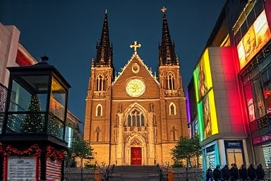 Myeongdong Cathedral Christmas lights at dusk, festive atmosphere