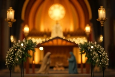 Nativity scene inside Myeongdong Cathedral, peaceful Christmas essence