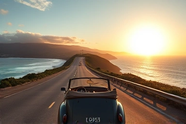 Coastal highway with ocean views and a classic convertible.