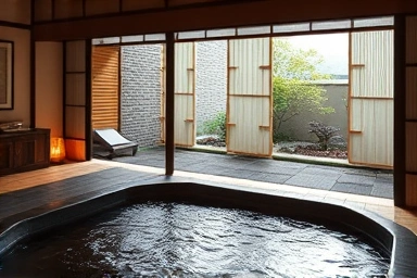 Serene Japanese onsen ryokan with private outdoor bath