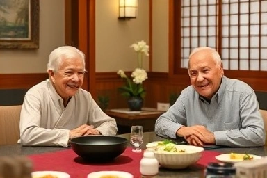 Elderly couple enjoying Kaiseki meal at ryokan