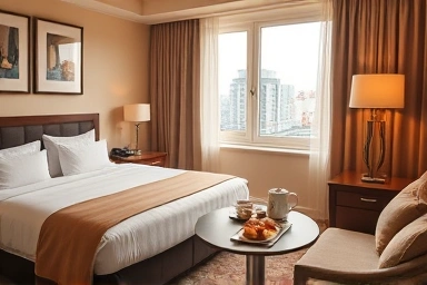 Cozy hotel room with breakfast and city view