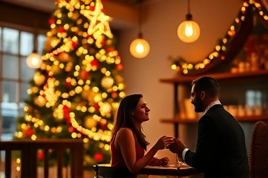 Cozy Christmas cafe with a decorated tree and couple.
