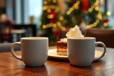 Festive Christmas coffee and dessert in a cafe setting.