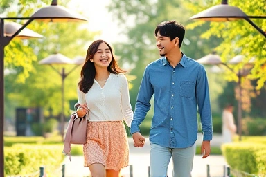 Couple enjoying a budget-friendly date in Seoul park.