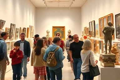 People enjoying a free art exhibition in a modern gallery.
