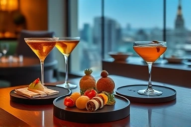 Gourmet appetizers and cocktails in a luxury hotel lounge.