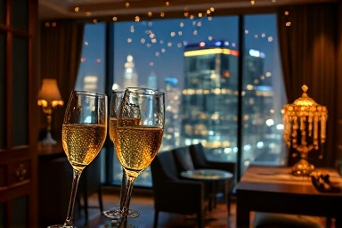 Luxurious hotel suite decorated for New Year's Eve party.
