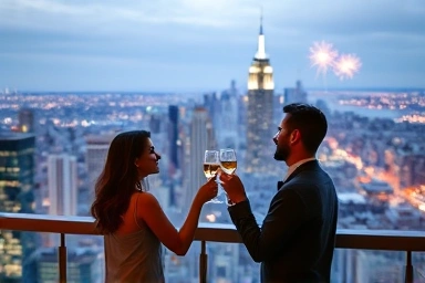 Couple toasting with champagne, city skyline view, New Year's Eve.
