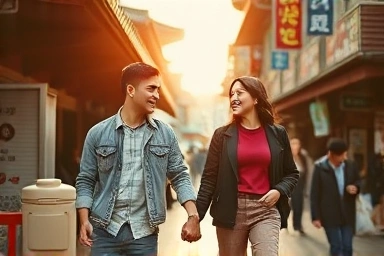 Couple enjoying a lively Seoul street market date.