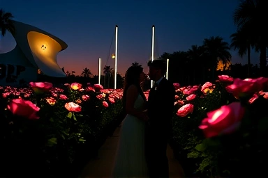 Romantic couple at DDP LED rose garden at night.