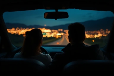 Couple driving at night, romantic city lights view