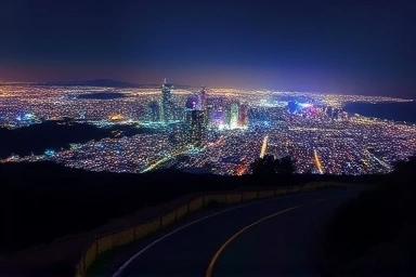 Illuminated city skyline at night, panoramic view