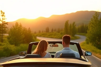 Couple driving on scenic road during golden hour