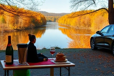 Romantic picnic overlooking autumn lake with car