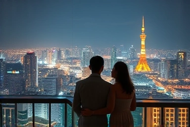 Couple enjoying Seoul night view from hotel balcony
