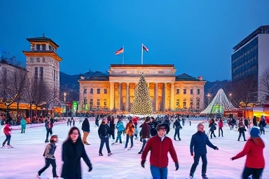 Seoul Plaza Ice Rink at night with happy skaters