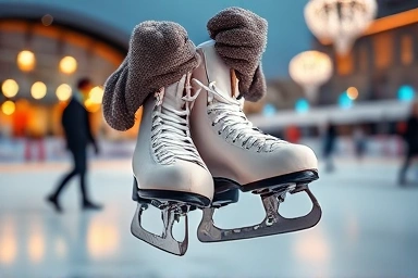 Close-up of ice skates and gloved hands at Seoul Plaza