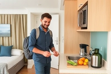 Traveler cooking a meal in a convenient residence kitchen.