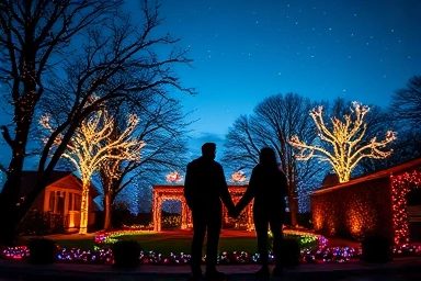 Couple enjoying magical winter night view at garden.