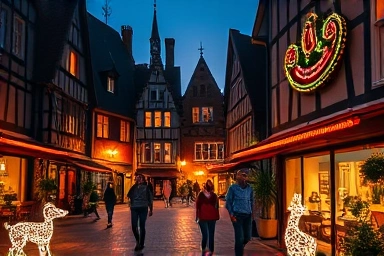 Charming night village illuminated by fairy lights and animal sculptures.