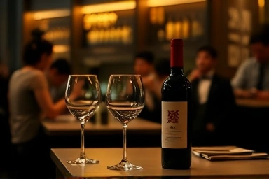 Elegant Seoul wine bar interior, intimate atmosphere, romantic setting.