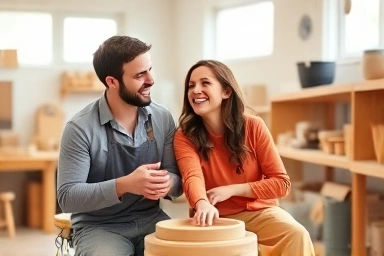 Couple happily making pottery together in a workshop.