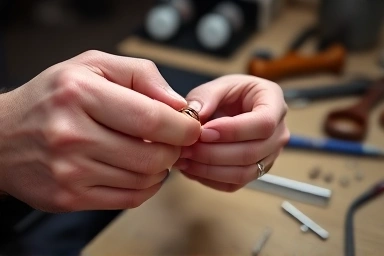 Couple engraving a custom ring in a jewelry workshop.